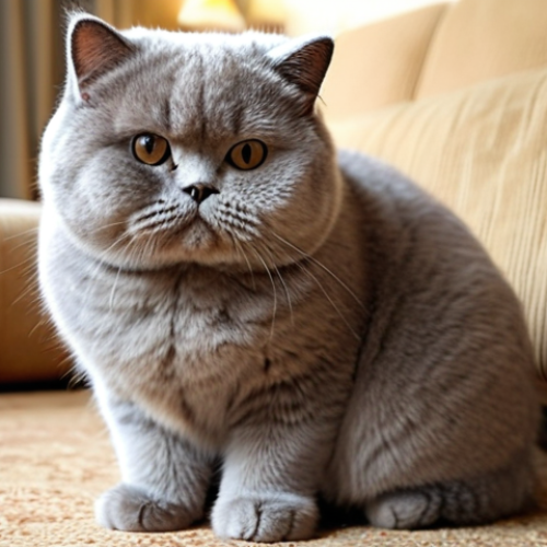 Home 4 **
Prompt: A fluffy, adorable British Shorthair cat sitting calmly. Focus on the cat's round face and dense, plush fur. Slightly blurred background of a comfortable living room. Warm, natural lighting. Emphasize the "teddy bear" quality of the breed. Perhaps a few stray hairs subtly visible on the surrounding furniture to hint at shedding.
**