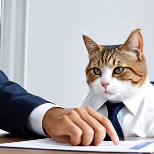 A domestic shorthair cat with natural feline anatomy and correct proportions, peacefully observing a professionally dressed individual in a modest business suit, who is reviewing an official European Pet Passport and other travel documents on a clean, modern office desk. The cat is fully clothed in its natural fur, sitting in a natural pose beside the well-formed hands of the person. The background is a bright, minimalist office setting. Safe for work, appropriate content, family-friendly, high-quality professional photography, natural lighting.