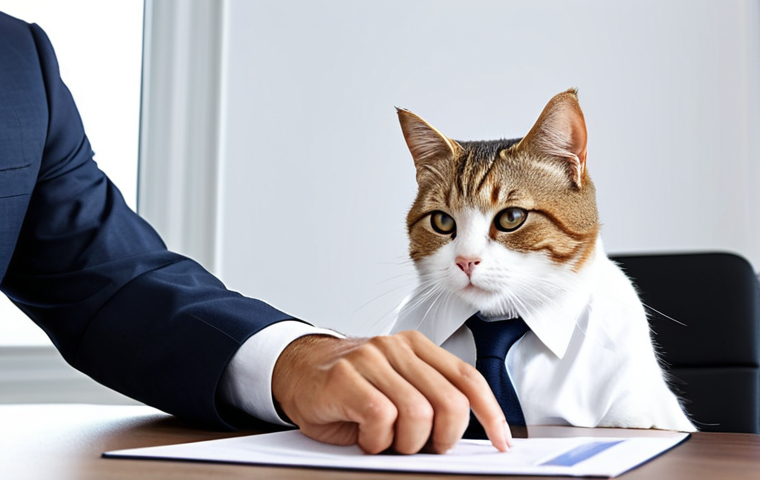 A domestic shorthair cat with natural feline anatomy and correct proportions, peacefully observing a professionally dressed individual in a modest business suit, who is reviewing an official European Pet Passport and other travel documents on a clean, modern office desk. The cat is fully clothed in its natural fur, sitting in a natural pose beside the well-formed hands of the person. The background is a bright, minimalist office setting. Safe for work, appropriate content, family-friendly, high-quality professional photography, natural lighting.