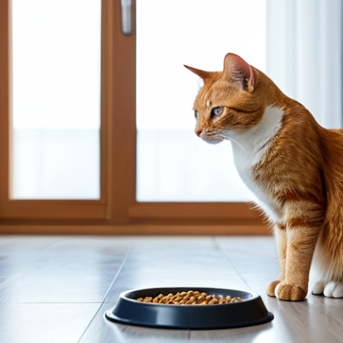 A domestic ginger tabby cat in a quiet living room, softly illuminated by natural light. The cat is standing near its food bowl, looking thoughtful and slightly withdrawn, observing the kibble with a subtle expression. The setting is clean and well-maintained, with hints of a comfortable home environment. The scene captures a moment of quiet reflection, hinting at a change in daily habits. Professional photography, high quality, realistic, subtle emotion, fully clothed, modest clothing, appropriate attire, professional dress, safe for work, appropriate content, professional, modest, family-friendly, perfect anatomy, correct proportions, natural pose, natural body proportions.
