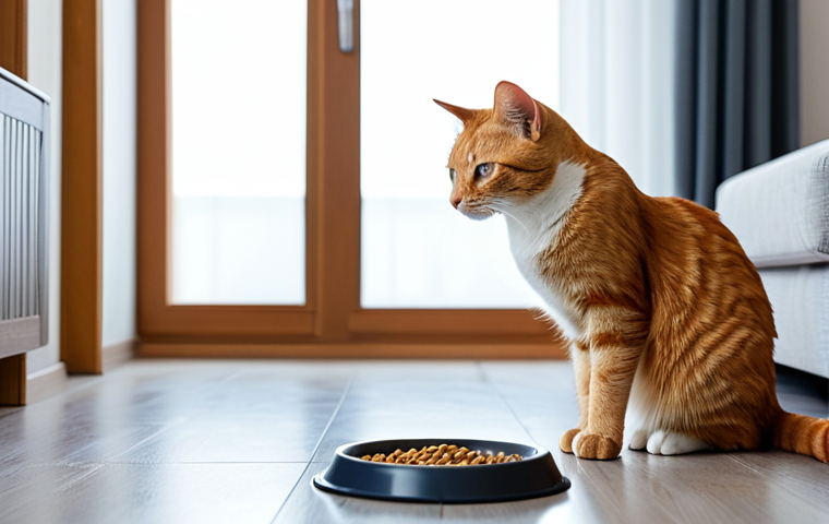 A domestic ginger tabby cat in a quiet living room, softly illuminated by natural light. The cat is standing near its food bowl, looking thoughtful and slightly withdrawn, observing the kibble with a subtle expression. The setting is clean and well-maintained, with hints of a comfortable home environment. The scene captures a moment of quiet reflection, hinting at a change in daily habits. Professional photography, high quality, realistic, subtle emotion, fully clothed, modest clothing, appropriate attire, professional dress, safe for work, appropriate content, professional, modest, family-friendly, perfect anatomy, correct proportions, natural pose, natural body proportions.