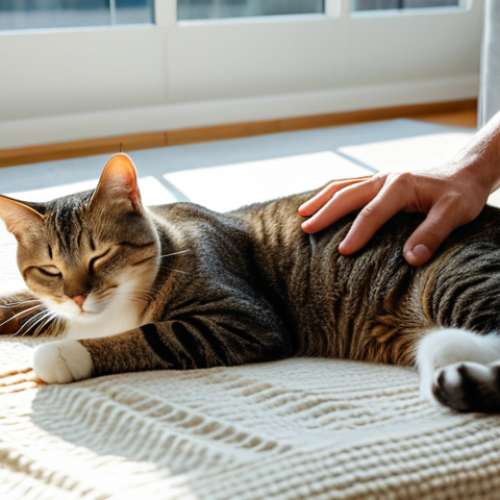 A serene male cat, named Léo, with sleek fur, peacefully napping on a plush, cream-colored blanket in a sun-drenched, modern living room. A responsible female owner, wearing a modest, fully clothed professional dress, is gently stroking his back, a look of calm affection on her face. The room features minimalist decor, a large window, and soft ambient lighting, creating a tranquil atmosphere. The scene highlights the peace and well-being post-sterilization. Professional photography, high resolution, perfect anatomy, correct proportions, natural pose, well-formed hands, proper finger count, natural body proportions, fully clothed, safe for work, appropriate content, family-friendly.