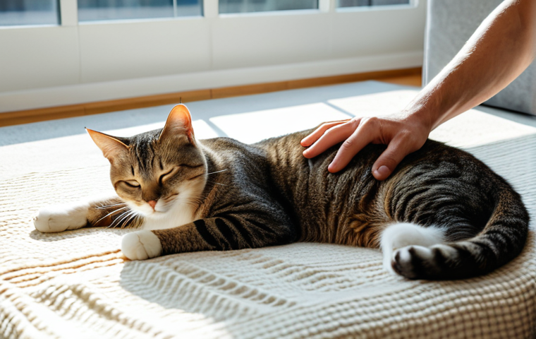 A serene male cat, named Léo, with sleek fur, peacefully napping on a plush, cream-colored blanket in a sun-drenched, modern living room. A responsible female owner, wearing a modest, fully clothed professional dress, is gently stroking his back, a look of calm affection on her face. The room features minimalist decor, a large window, and soft ambient lighting, creating a tranquil atmosphere. The scene highlights the peace and well-being post-sterilization. Professional photography, high resolution, perfect anatomy, correct proportions, natural pose, well-formed hands, proper finger count, natural body proportions, fully clothed, safe for work, appropriate content, family-friendly.