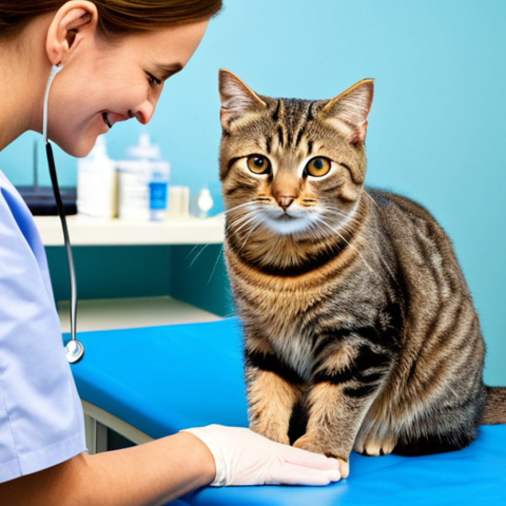 고양이 동물병원 선택 기준 - **

"A professional veterinarian, fully clothed in scrubs, examining a healthy tabby cat on an exami...