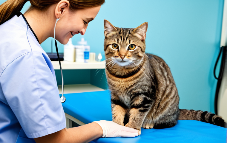 고양이 동물병원 선택 기준 - **

"A professional veterinarian, fully clothed in scrubs, examining a healthy tabby cat on an exami...