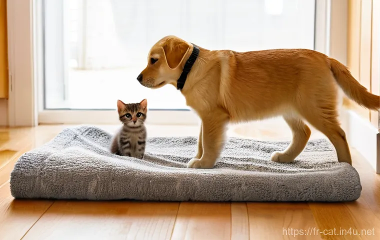 고양이와 강아지 공존법 - Image Prompt 1: The Scent of a New Friend**
