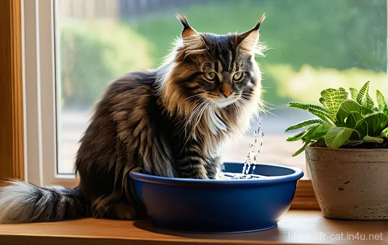 고양이 수명 연장법 - **Prompt 1: Happy Senior Cat with Quality Food and Water**
    A healthy, content elderly Maine Coon...