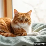 고양이 수술 후 관리 - **Prompt:** A cozy and serene recovery haven for a cat. The image features a fluffy, orange tabby ca...