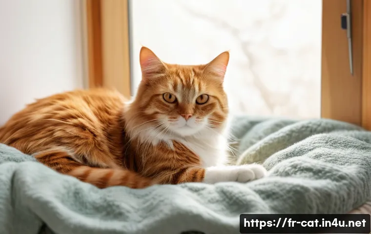 고양이 수술 후 관리 - **Prompt:** A cozy and serene recovery haven for a cat. The image features a fluffy, orange tabby ca...