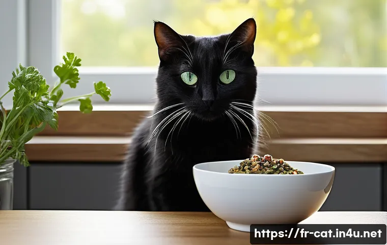 고양이 용품 리뷰 - **Personalized Feline Dining Experience**: A healthy, sleek black short-haired cat with vibrant gree...