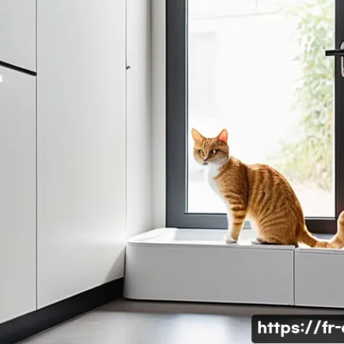 고양이 화장실 모래 비교 - **Prompt:** A domestic short-haired cat with sleek, tawny fur, mid-action, gently pawing at a pristi...