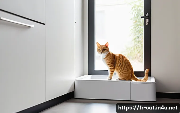 고양이 화장실 모래 비교 - **Prompt:** A domestic short-haired cat with sleek, tawny fur, mid-action, gently pawing at a pristi...