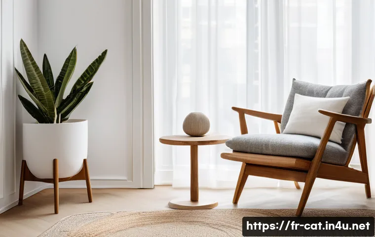 고양이 가구 배치법 - A cozy cat relaxation corner in a quiet, low-traffic area of a modern French apartment, featuring a ...