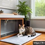 고양이 여름철 열사병 예방 - A cozy indoor corner designed for a domestic cat during hot weather, featuring shaded areas beneath ...