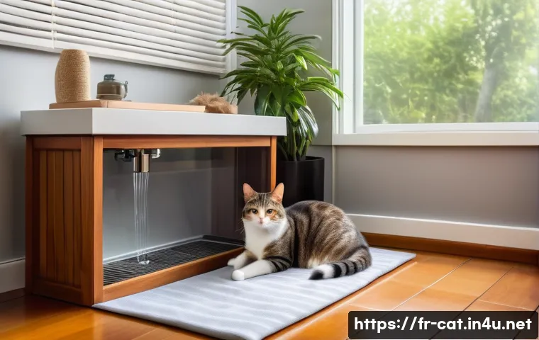 고양이 여름철 열사병 예방 - A cozy indoor corner designed for a domestic cat during hot weather, featuring shaded areas beneath ...