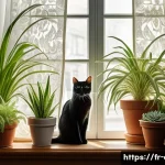 고양이 독성 식물 리스트 - A calm domestic cat sitting alertly on a windowsill surrounded by safe indoor plants such as spider ...