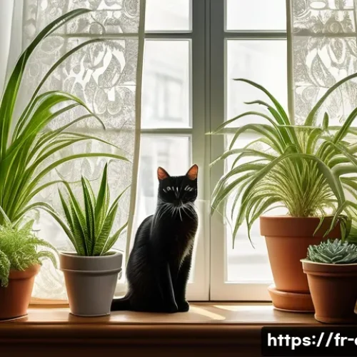 고양이 독성 식물 리스트 - A calm domestic cat sitting alertly on a windowsill surrounded by safe indoor plants such as spider ...