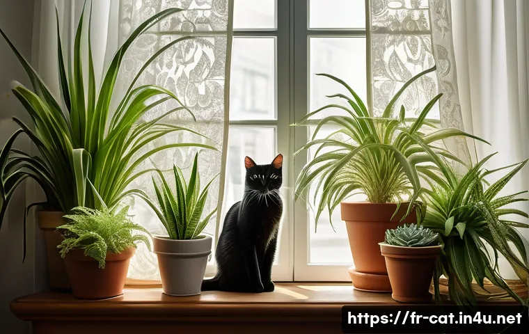 고양이 독성 식물 리스트 - A calm domestic cat sitting alertly on a windowsill surrounded by safe indoor plants such as spider ...