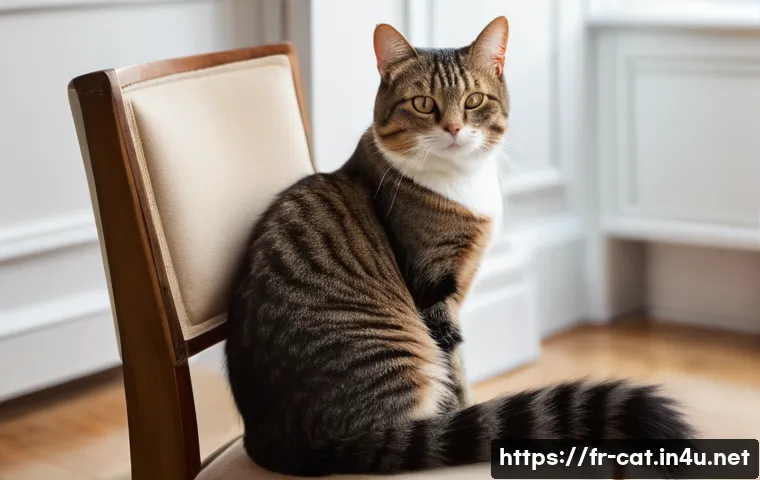 고양이 언어 이해하기 - A detailed close-up of a domestic cat communicating through body language: the cat&rsquo;s tail is held up...