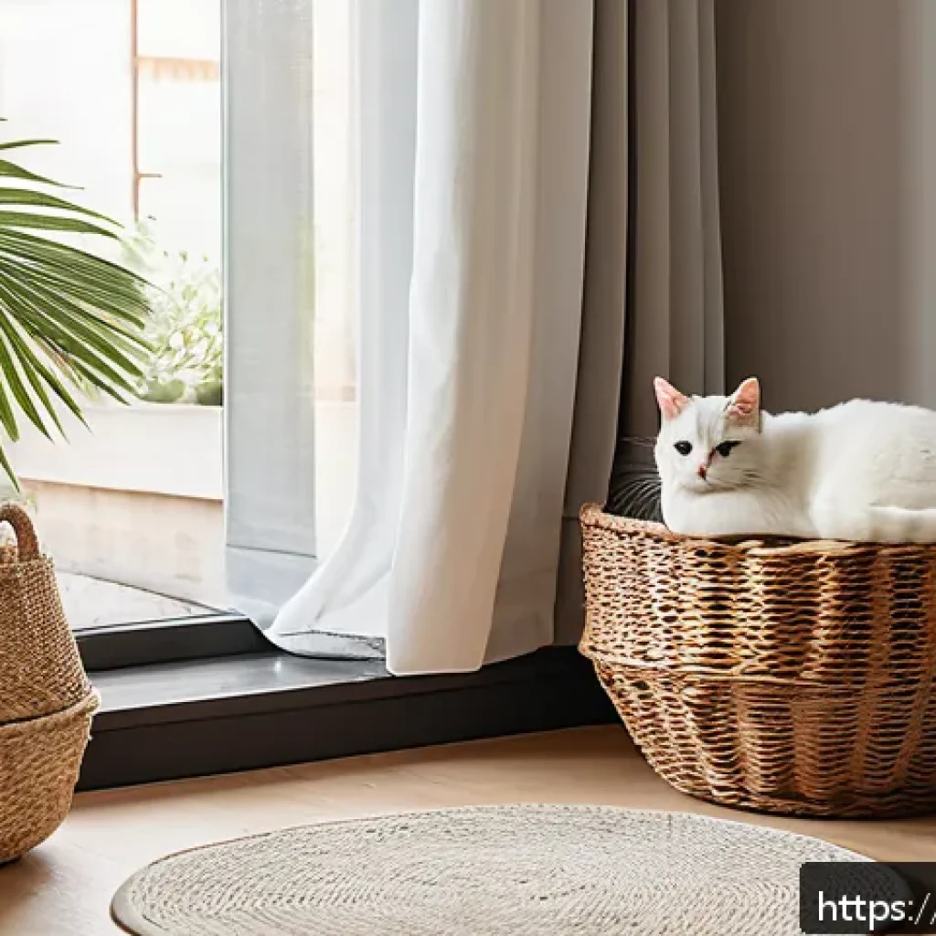 고양이 데려오기 전 준비 - A cozy, quiet corner in a modern French apartment designed as a cat’s safe space: soft natural light...