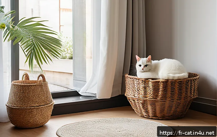 고양이 데려오기 전 준비 - A cozy, quiet corner in a modern French apartment designed as a cat&rsquo;s safe space: soft natural light...