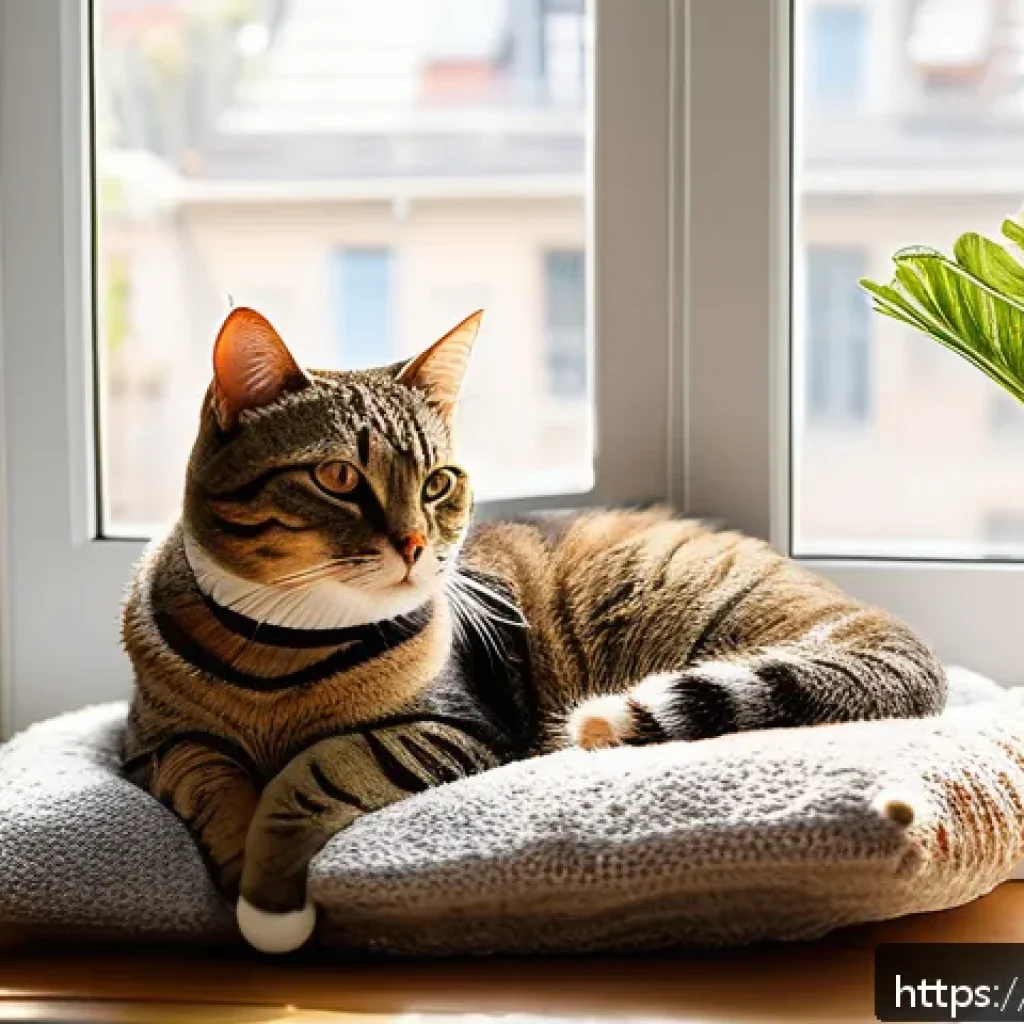 고양이의 일광욕 효과 - A cozy indoor sunlit corner designed for a domestic cat in a French apartment, featuring a large bay...