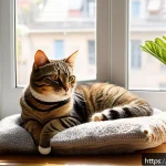 고양이의 일광욕 효과 - A cozy indoor sunlit corner designed for a domestic cat in a French apartment, featuring a large bay...