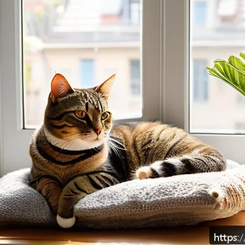 고양이의 일광욕 효과 - A cozy indoor sunlit corner designed for a domestic cat in a French apartment, featuring a large bay...