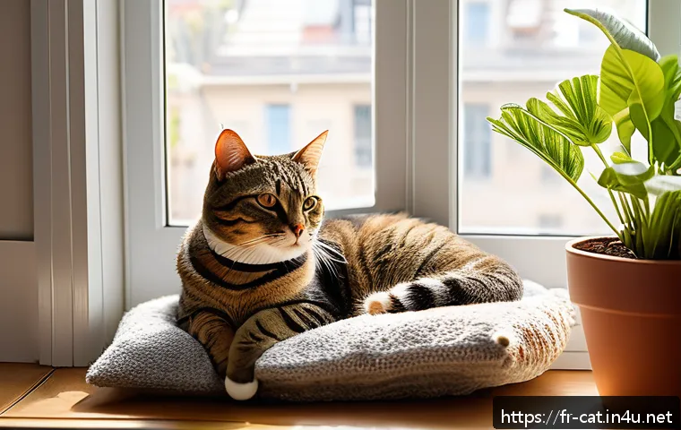 고양이의 일광욕 효과 - A cozy indoor sunlit corner designed for a domestic cat in a French apartment, featuring a large bay...