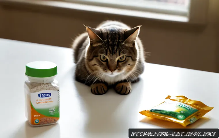 고양이 유산균 선택법 - Photorealistic close-up of a healthy adult tabby cat beside two unbranded probiotic supplement optio...