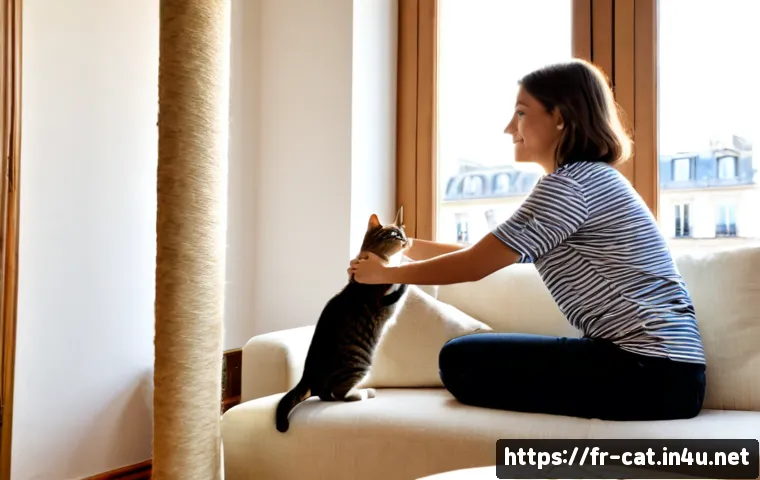 Home 30 고양이 행동 교정법 - Photorealistic French apartment living room, a calm adult woman gently redirecting a curious tabby c...