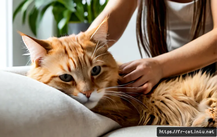 Home 17 고양이 건강한 털 유지 - Photorealistic close-up of a healthy long-haired domestic cat being gently brushed by an adult owner...